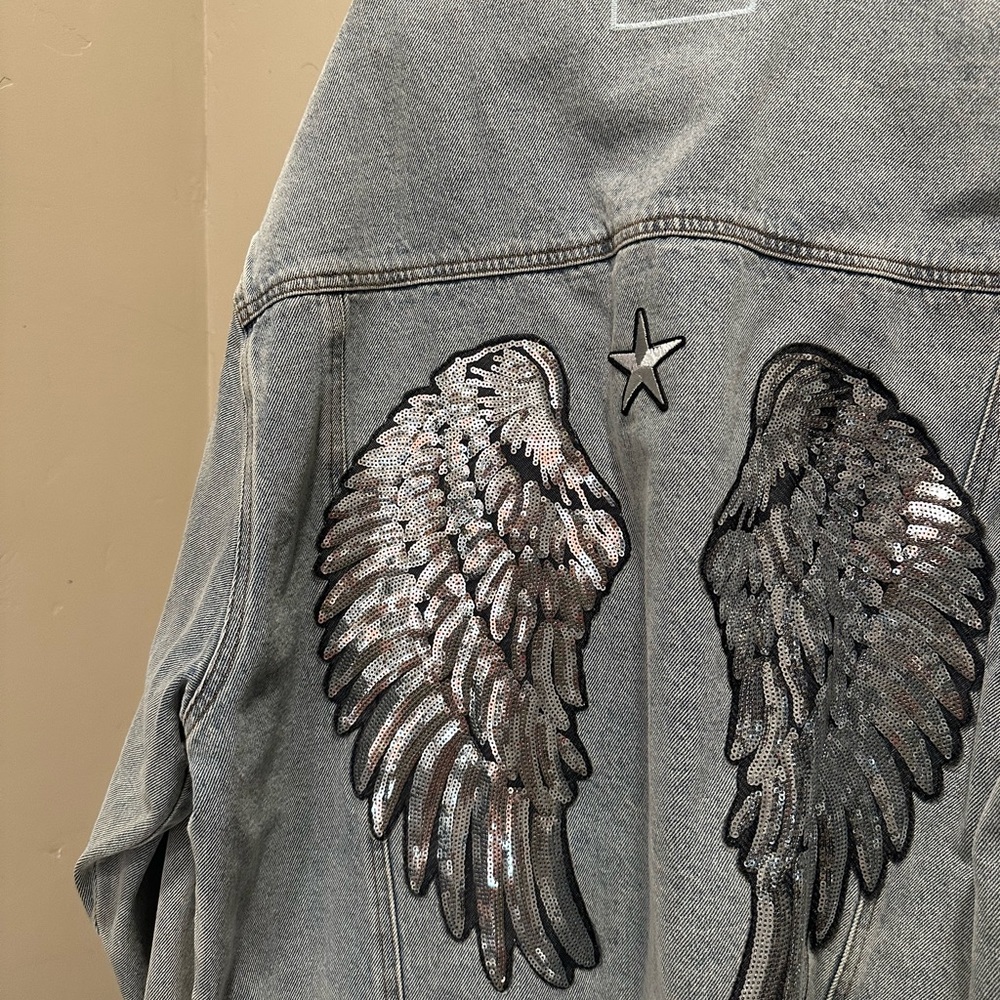 Embellished Denim Jacket with Angel Wings